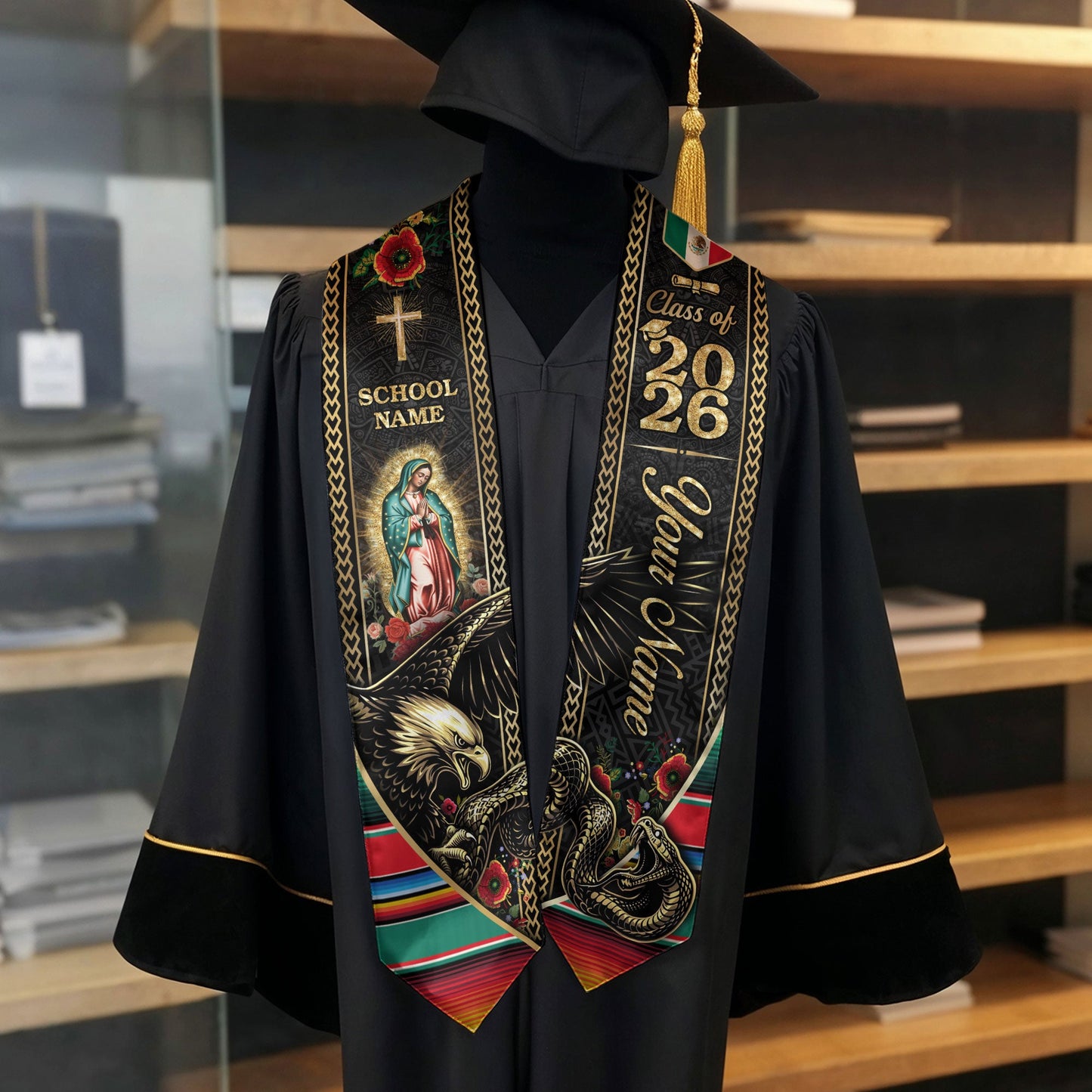 Custom Mexico Graduation Stole 2026 Virgin Mary Eagle Snake Catholic Mexican Heritage Sash