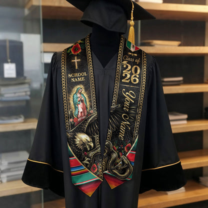 Custom Mexico Graduation Stole 2026 Virgin Mary Eagle Snake Catholic Mexican Heritage Sash