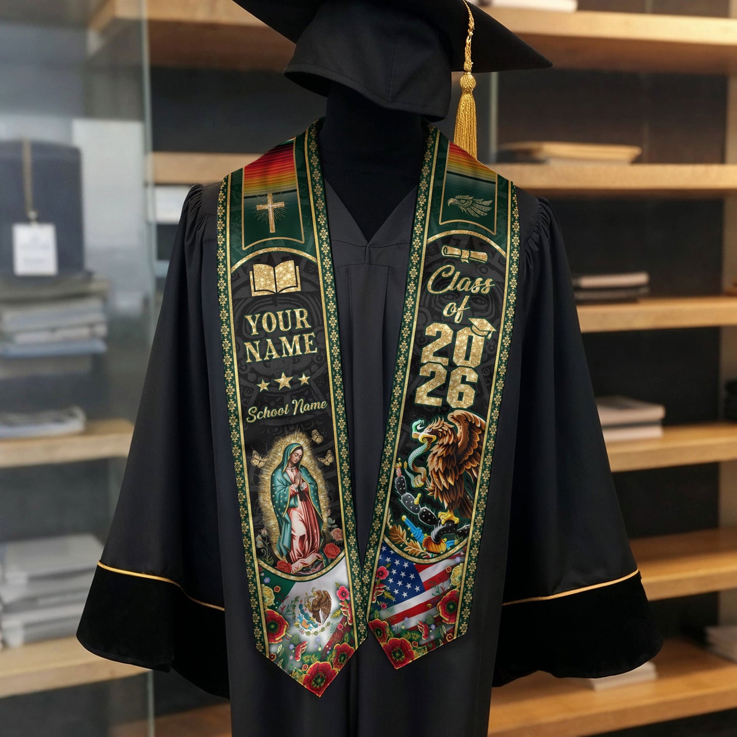 Custom Mexico USA Graduation Stole 2026 Virgin of Guadalupe Eagle Mexican American Heritage Sash