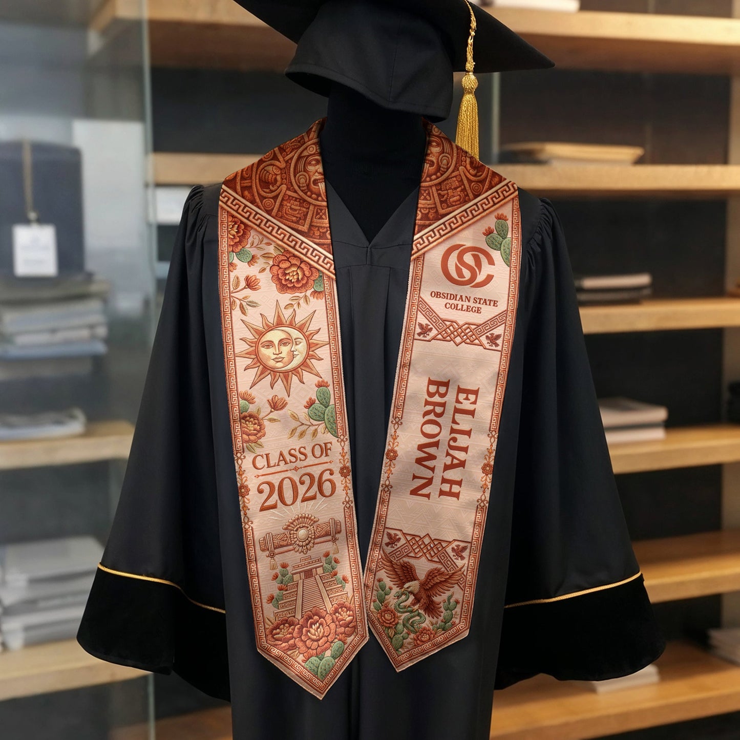 Mexico Graduation Stole 2026 School Logo Personalized Name Aztec Eagle Sash