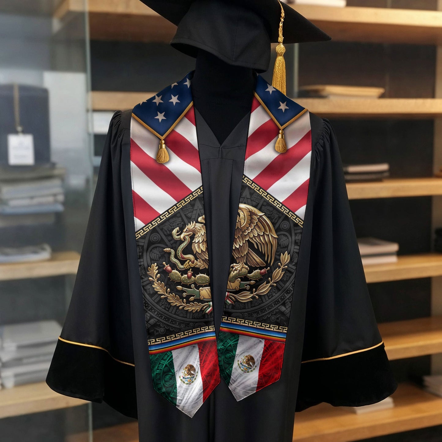 Mexican American Graduation Stole - Aztec Eagle Heritage Sash Gift