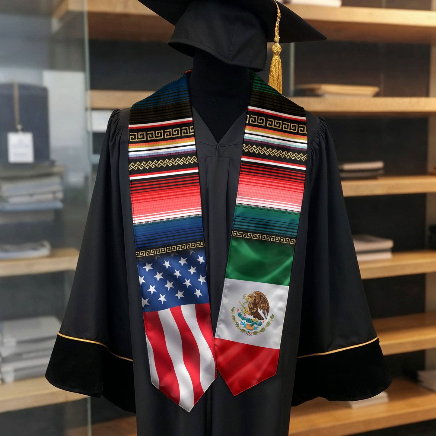 Mexican Heritage Graduation Stole - Aztec Eagle & Pyramid Heritage Sash