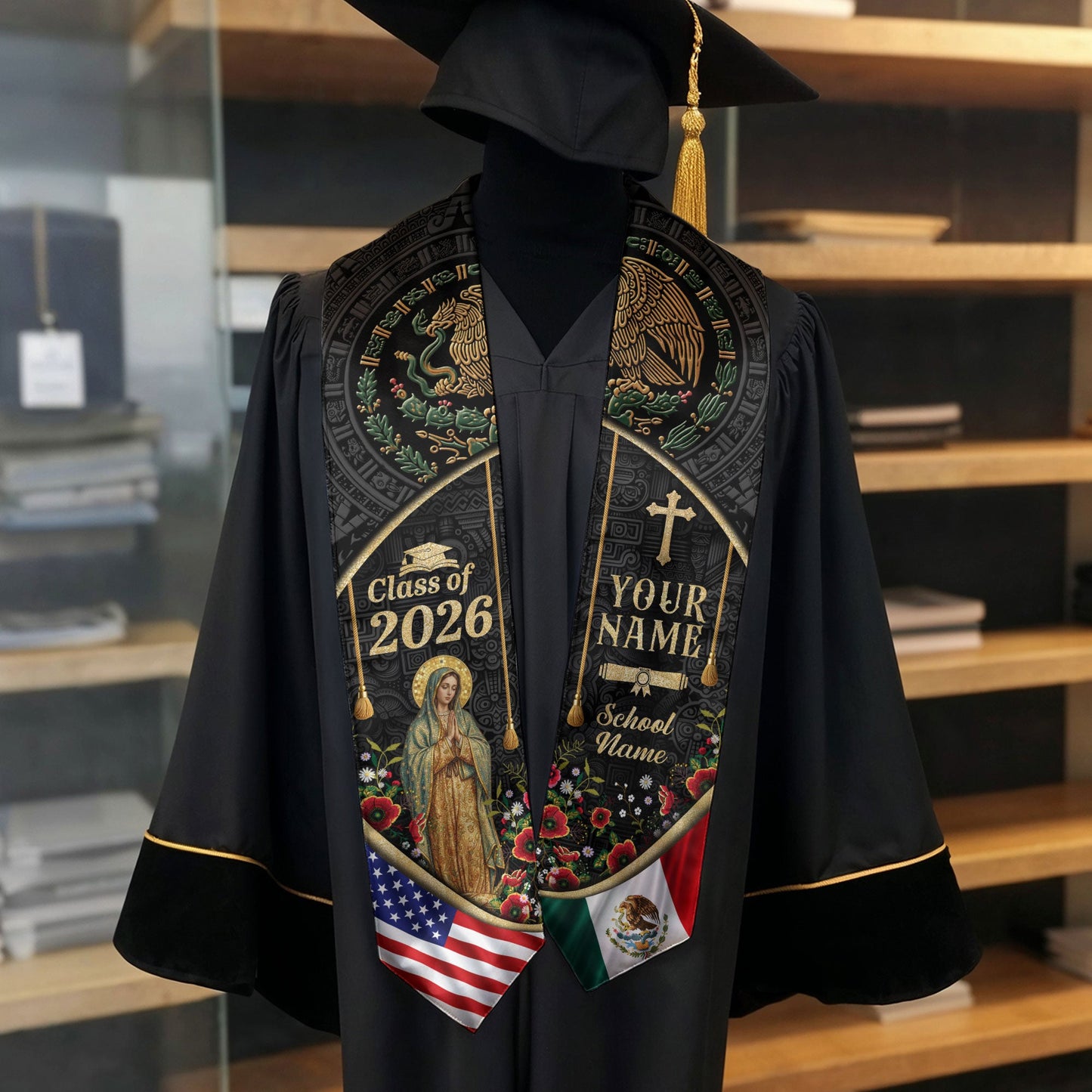 Mexico Graduation Stole Class of 2026 Custom Name Virgin Mary Aztec Eagle Sash