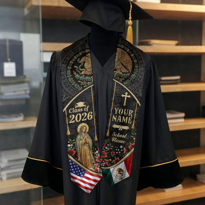Mexico Graduation Stole Class of 2026 Custom Name Virgin Mary Aztec Eagle Sash