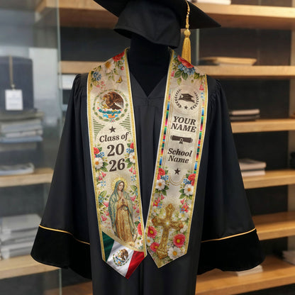 Personalized Mexican Graduation Stole - Class of 2026 Custom Name Floral Aztec Sash