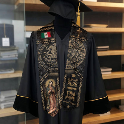 Personalized Mexican Graduation Stole - Class of 2026 Custom Name Gold Aztec Ethnic Sash