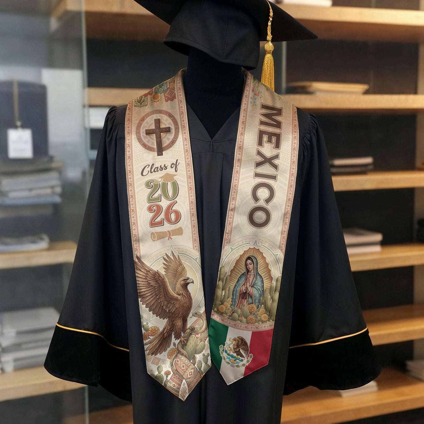 Mexico Graduation Stole 2026 Eagle Cactus Virgin Mary Cross Vintage Catholic Design
