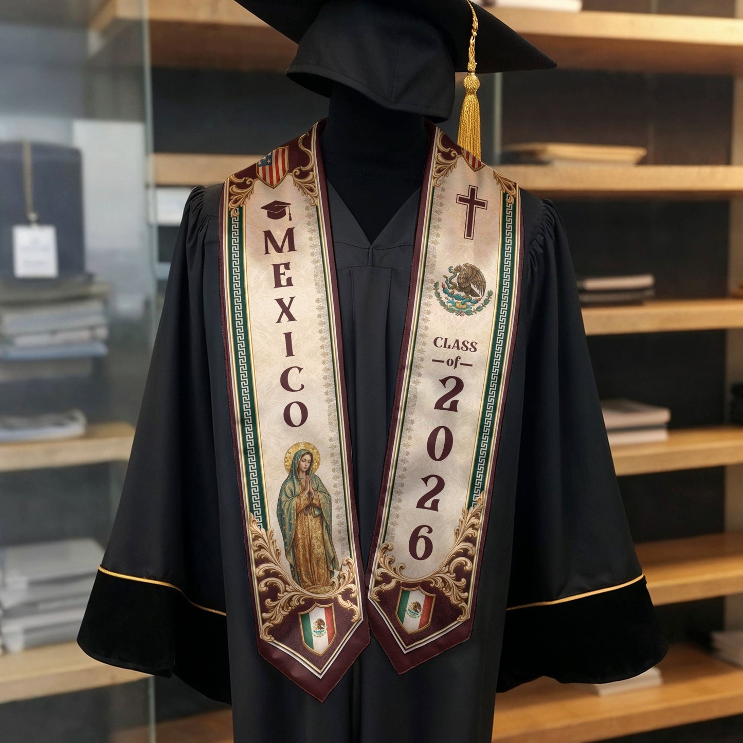 Mexico Graduation Stole 2026 Our Lady of Guadalupe Cross Catholic Classic Design