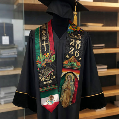 Mexico Graduation Stole 2026 Virgen de Guadalupe Cross Cactus Guitar Aztec Cultural Design