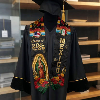 Mexico US Flag Graduation Stole 2026 - Virgin Mary Floral Serape Heritage Sash