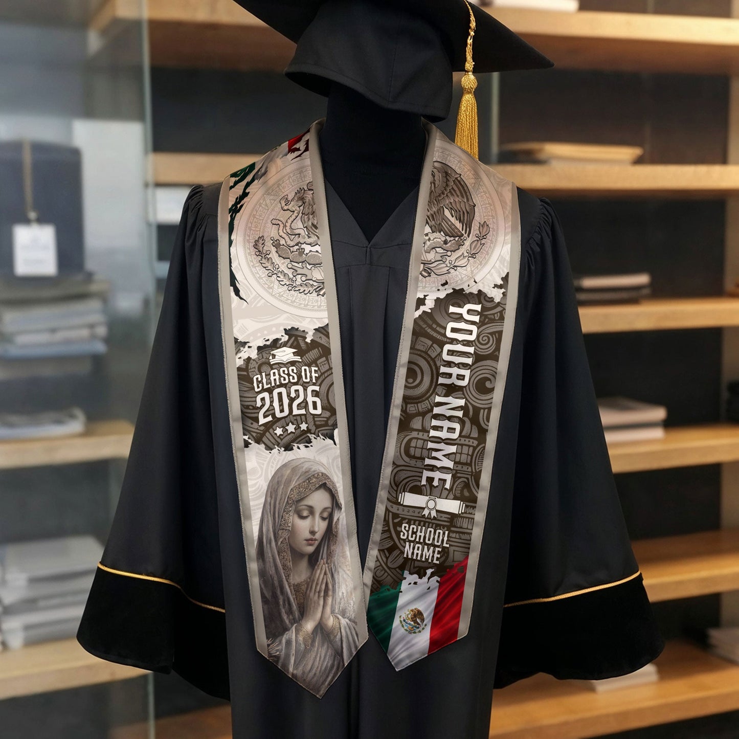 Custom Mexican Graduation Stole Class of 2026 Virgin Mary Guadalupe Heritage Sash Gift