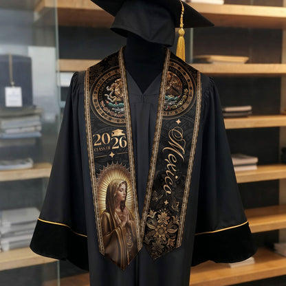 Mexico Graduation Stole Class of 2026 Virgin Mary Guadalupe Black Gold Gift Sash