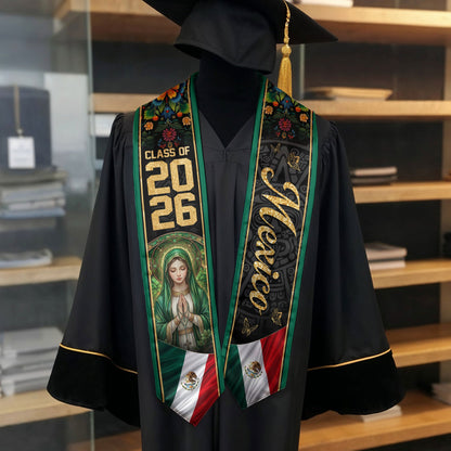 Mexico Graduation Stole 2026 Virgin Mary Floral Green Heritage Sash Gift