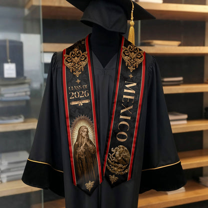 Mexico Graduation Stole 2026 Virgin Mary Gold Eagle Black Luxury Heritage Sash