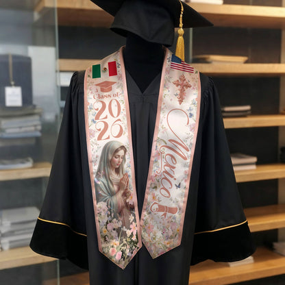 Mexican American Graduation Stole 2026 Virgin Mary Mexico USA Flag Floral Sash