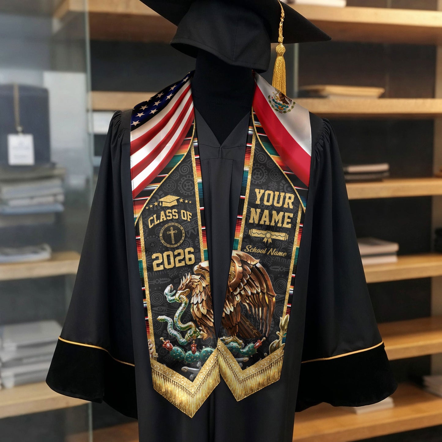 Mexico Graduation Stole 2026 Custom Name School USA Mexican Flag Eagle Heritage Sash