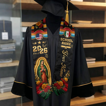 Mexican Graduation Stole 2026 – Virgin Mary, USA & Mexico Flag, Name & School Personalized Sash