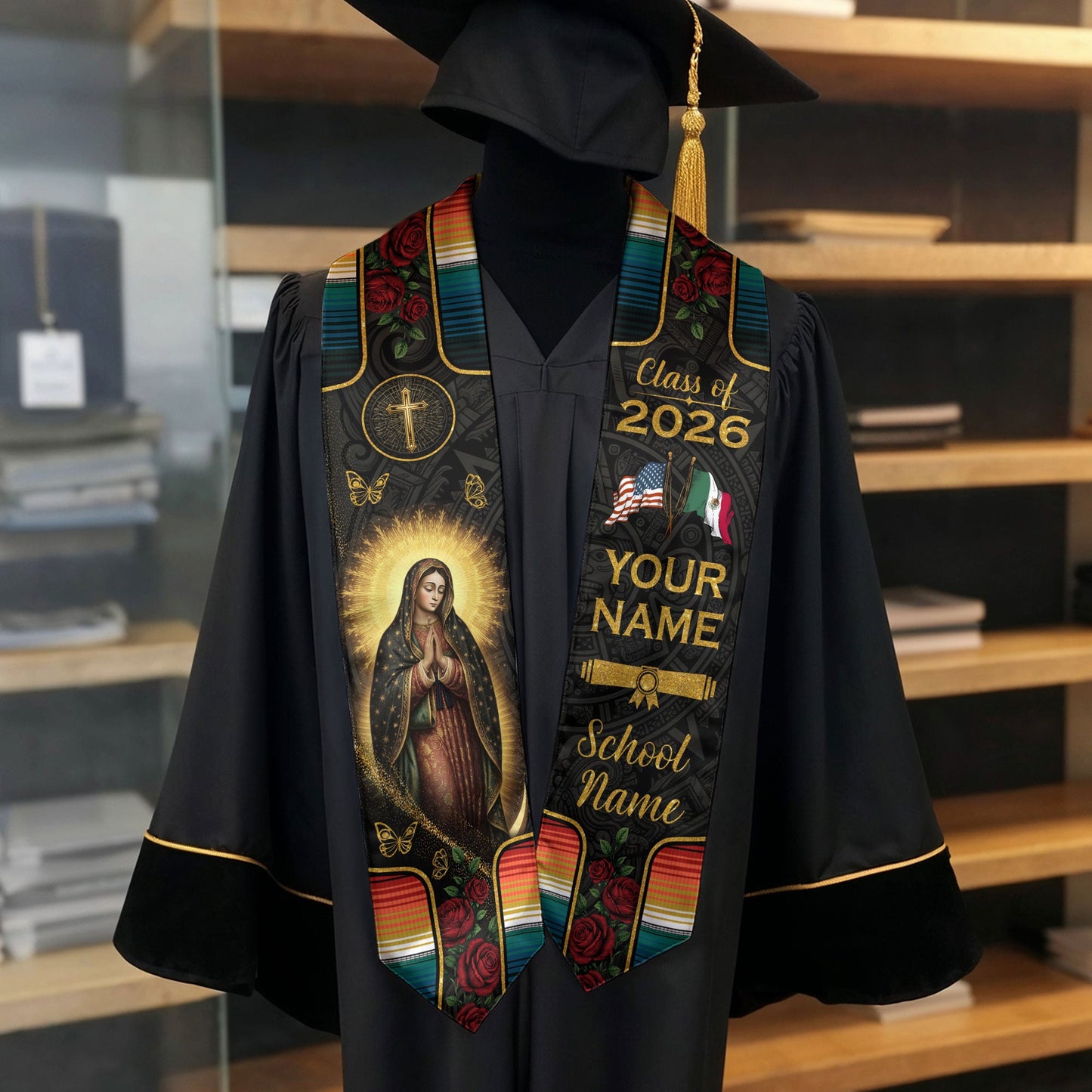 Mexico Graduation Stole Custom Name Class of 2026 Virgin Mary USA Mexico Flag Sash