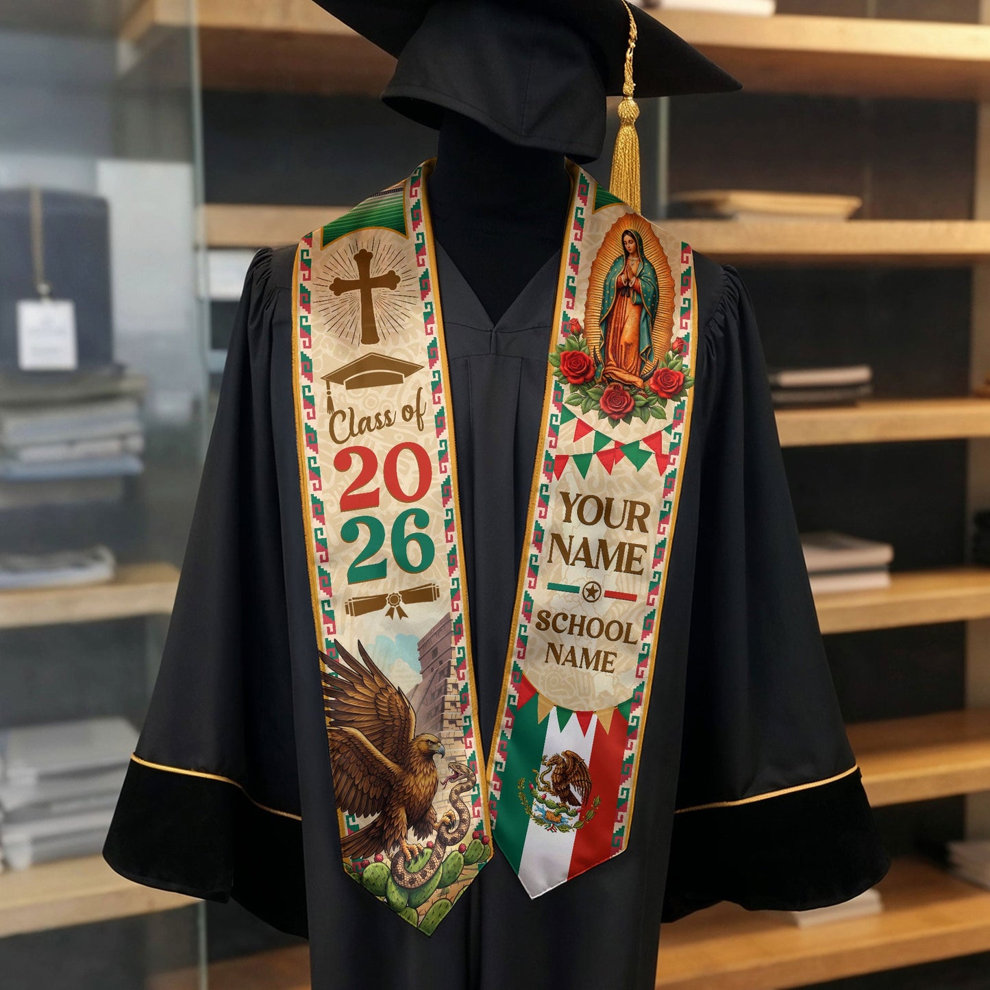 Custom Mexican Stole with Our Lady of Guadalupe & Eagle - Class of 2026 Heritage Sash