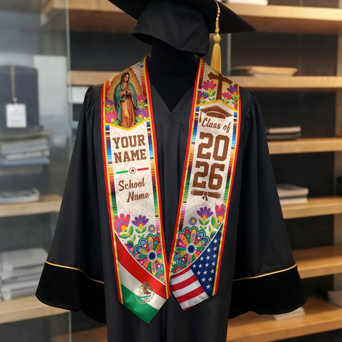 Mexican American Graduation Stole 2026 - Personalized Name Mexico USA Flag Sash