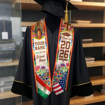 Mexican American Graduation Stole 2026 - Personalized Name Mexico USA Flag Sash