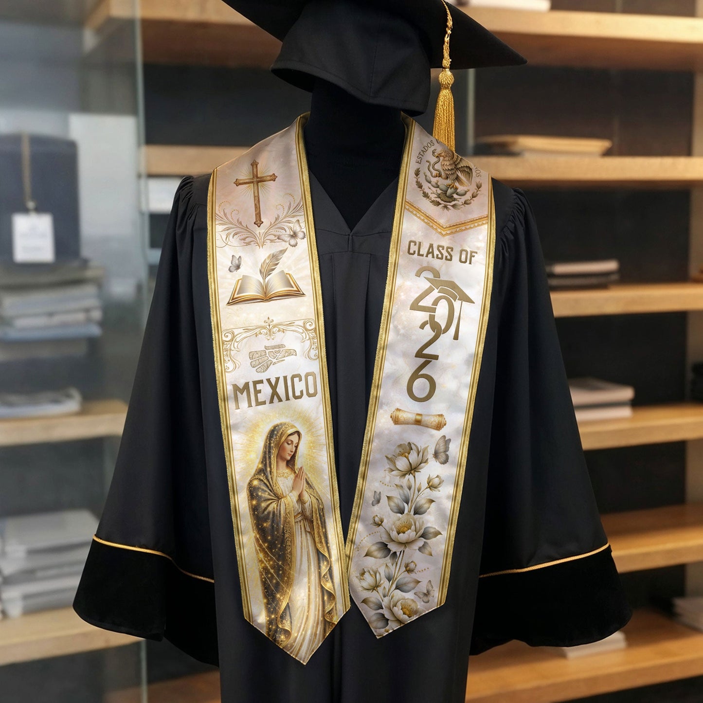 Class of 2026 Mexican Graduation Stole - Virgin Mary & Knowledge Gold Sash