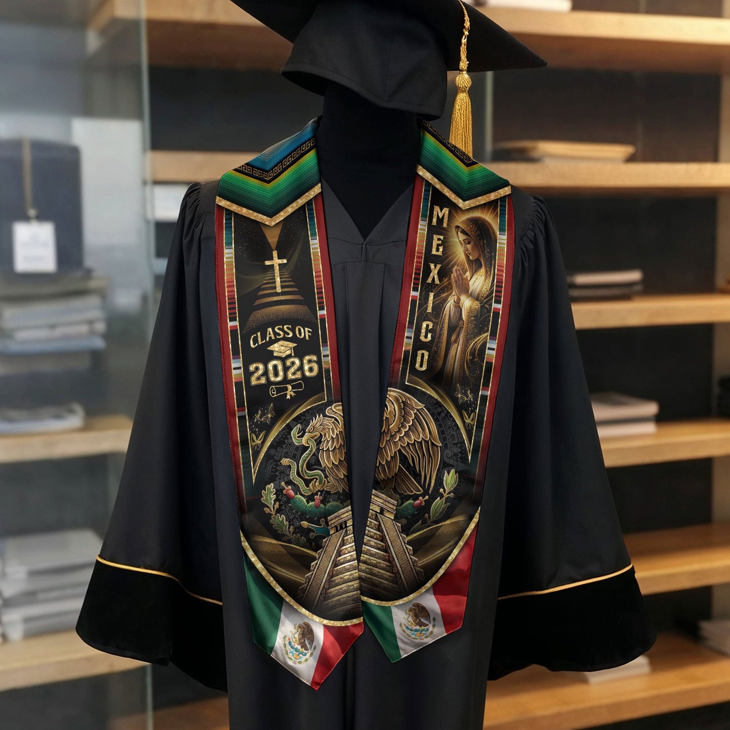 Mexican Graduation Stole Class of 2026 - Aztec Eagle & Virgin Mary Sash