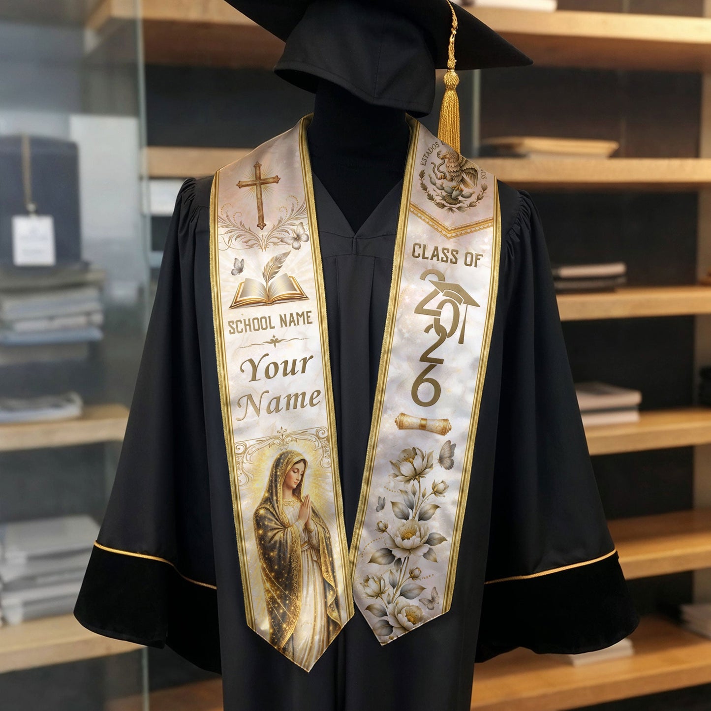 Custom Mexico Graduation Stole - Class of 2026 Mexican Heritage Stole Gold Cross