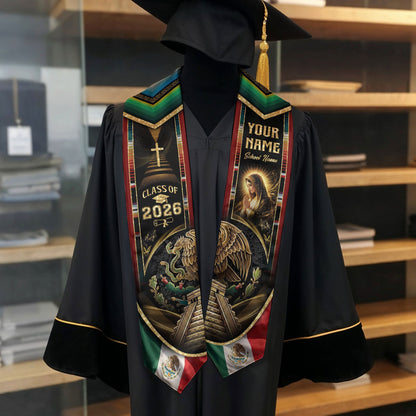 Mexican Graduation Stole 2026 – Virgin Mary, Eagle, Aztec Design, Name & School Personalized Sash