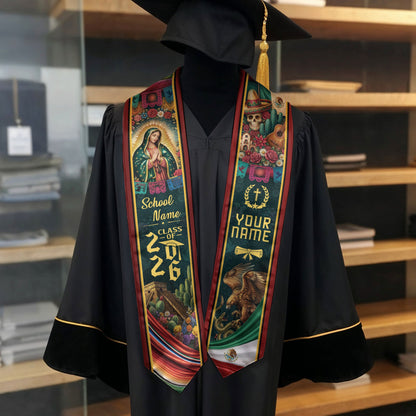 Custom Mexico Graduation Stole 2026 - Sugar Skull, Guitar & Guadalupe Heritage Sash