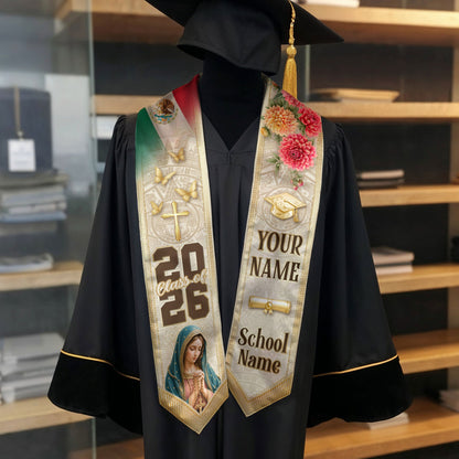Personalized Mexico Graduation Stole 2026 Virgin Mary Dahlia Floral Mexican Flag Sash