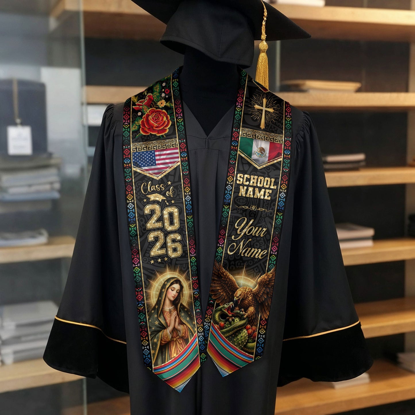 Custom Mexico Graduation Stole 2026 Eagle Snake Virgin Mary Mexican US Flag Serape Sash