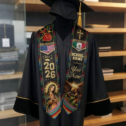 Custom Mexico Graduation Stole 2026 Eagle Snake Virgin Mary Mexican US Flag Serape Sash