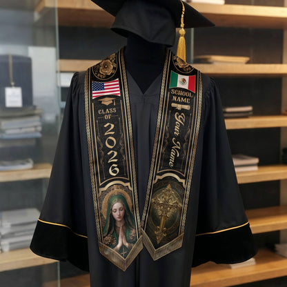 Custom Mexico Graduation Stole 2026 Virgin Mary Cross Mexican US Flag Gold Greek Sash