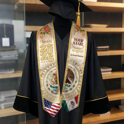 Mexico USA Graduation Stole Class of 2026 - Personalized Dual Heritage Floral Gold Sash
