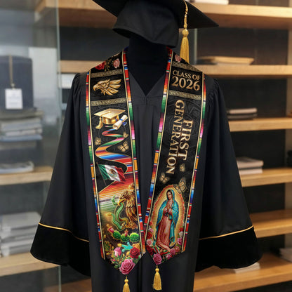 Class of 2026 Mexico Stole First Generation Guadalupe Aztec Eagle Rose Serape Tassel Sash