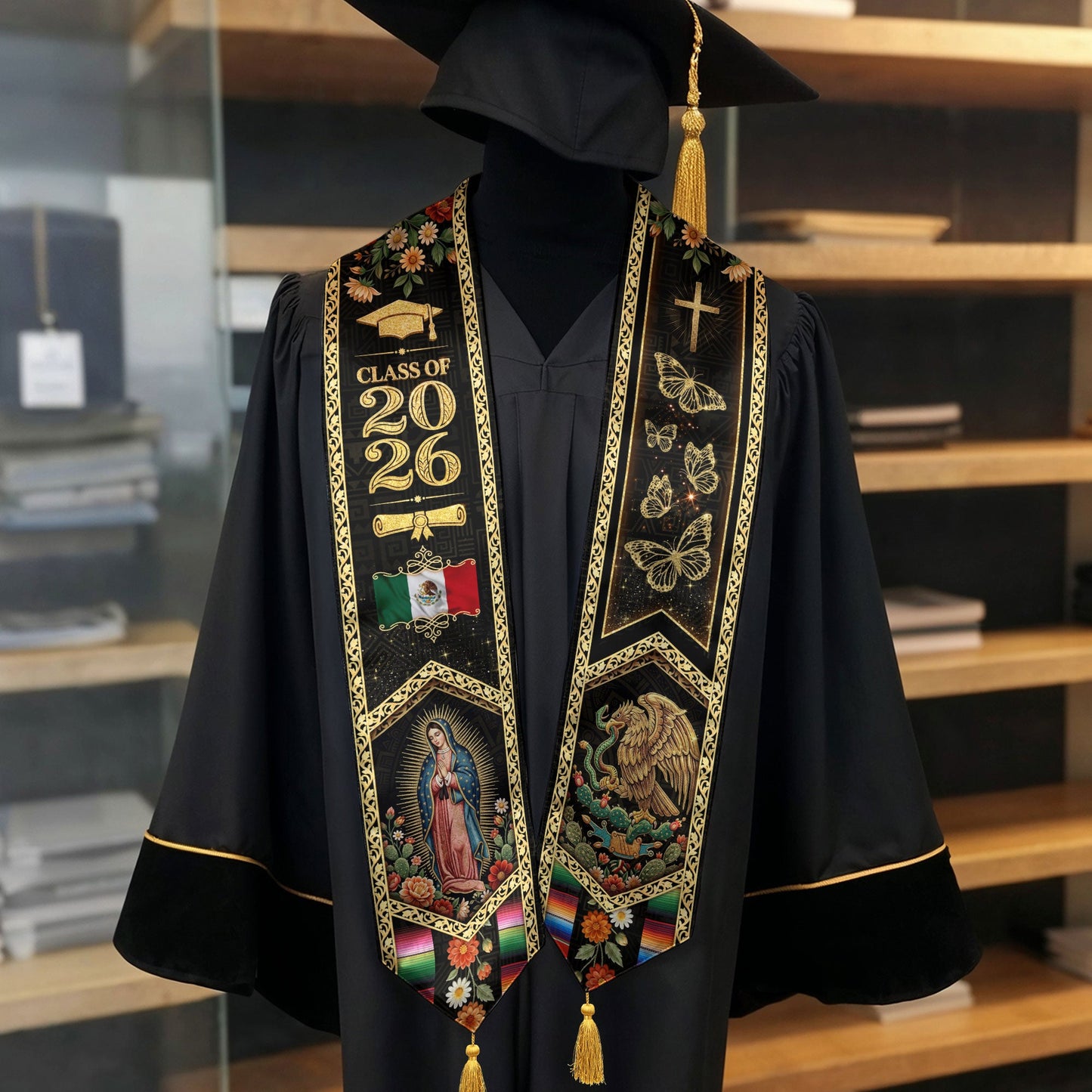 Class of 2026 Mexico Stole Aztec Eagle Virgin Guadalupe Butterfly Floral Tassel Sash