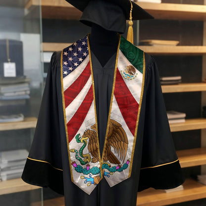 Mexican American Graduation Stole - Mexico USA Flag Sash Aztec Eagle Heritage