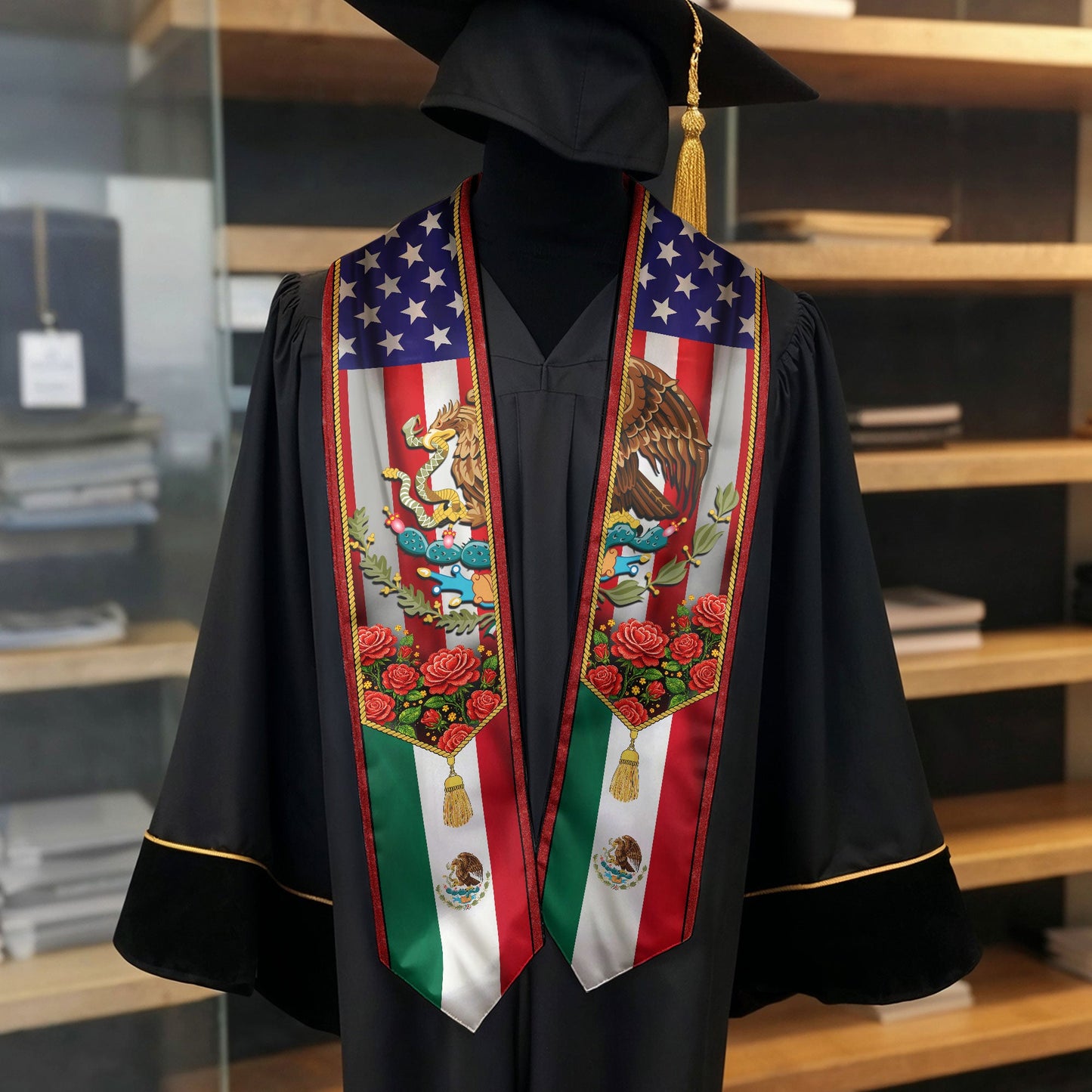 Mexico USA Flag Graduation Stole - Mexican American Heritage Eagle Red Rose Sash