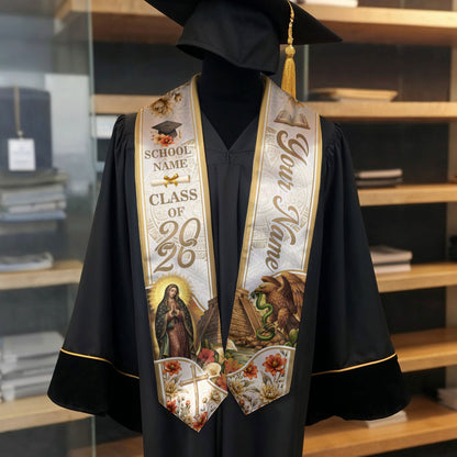 Virgin Mary Graduation Stole 2026 - Personalized Mexican Heritage Guadalupe Gold Sash