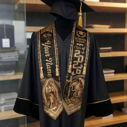 Vintage Gold Mexico Graduation Stole 2026 Virgin Mary Eagle Personalized Heritage Sash
