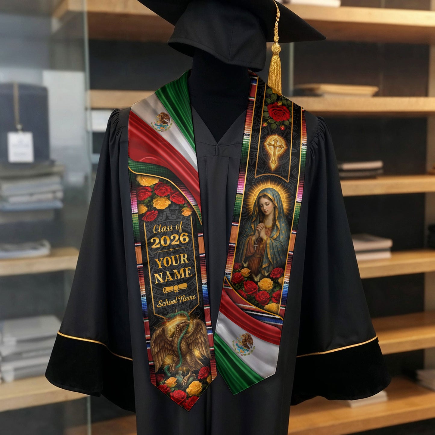 Mexico Graduation Stole 2026 Personalized Virgin Mary Eagle Rose Heritage Sash