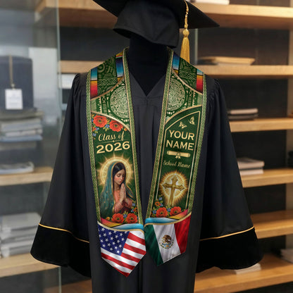 Custom Mexico USA Flag Graduation Stole 2026 Virgin Mary Heritage Sash