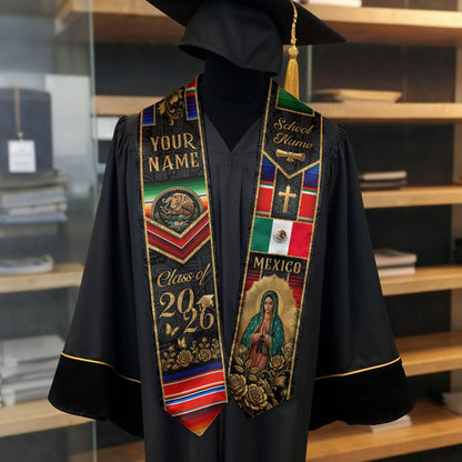 Mexican Heritage Graduation Stole 2026 - Custom Name School Eagle Virgin Mary Gold Sash