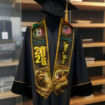 Custom Mexico USA Flag Graduation Stole 2026 Eagle Snake Mexican American Heritage Sash