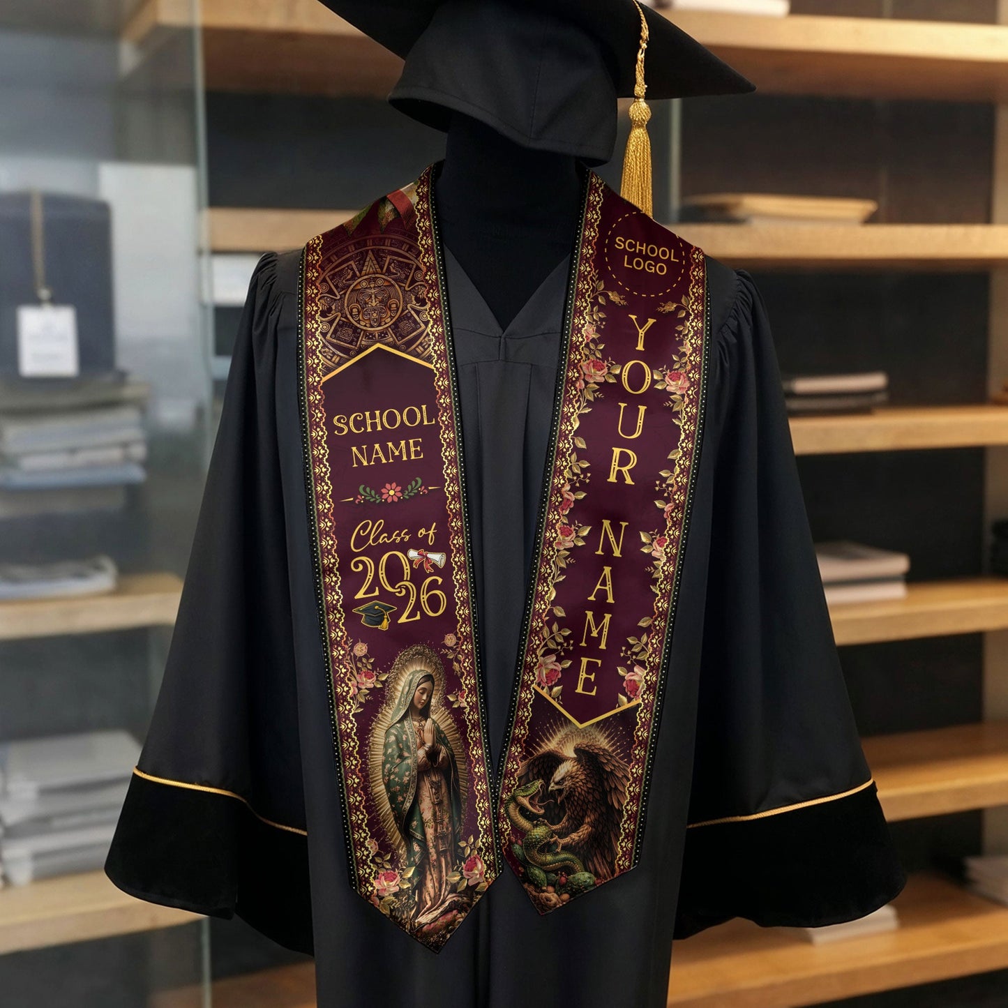 Mexico Graduation Stole 2026 Virgin Mary Burgundy Gold Personalized Heritage Sash