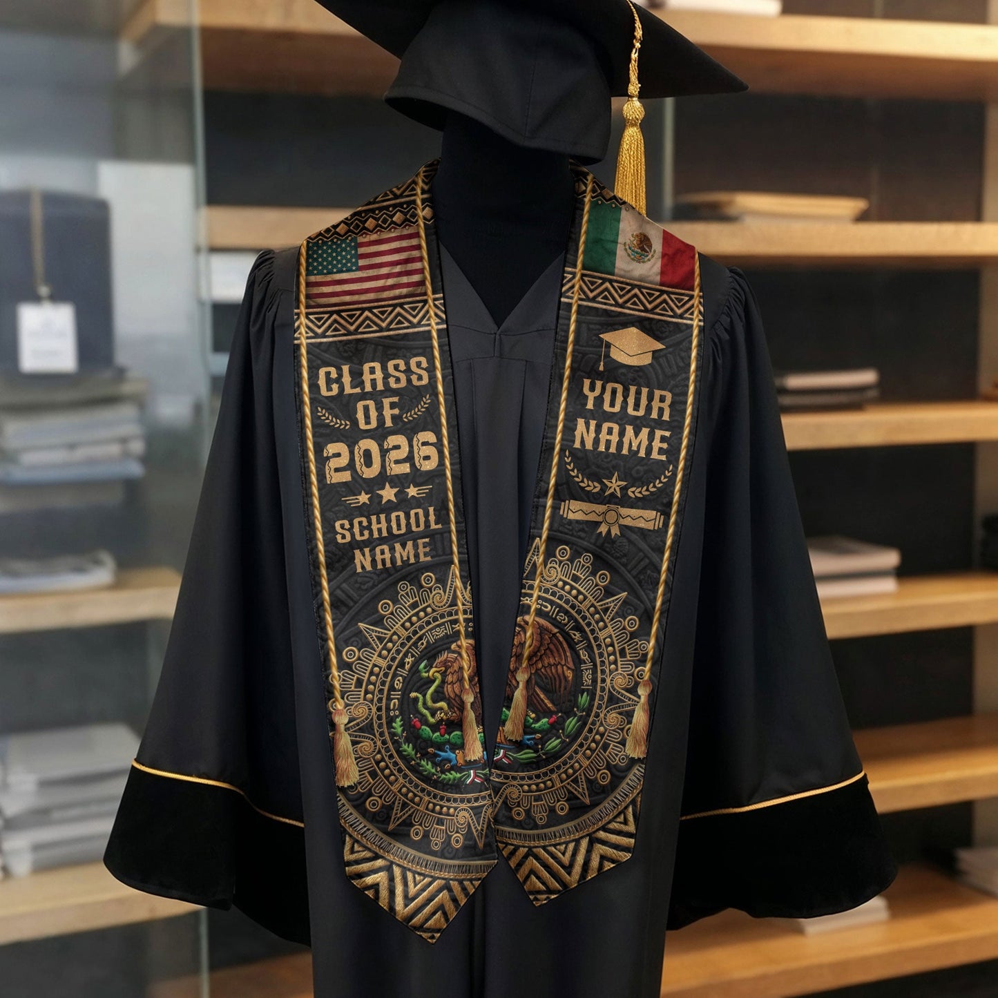Custom Mexico USA Flag Graduation Stole 2026 Aztec Calendar Heritage Gold Sash