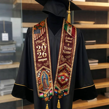 Mexico USA Graduation Stole 2026 Tassels Virgin Mary Burgundy Personalized Heritage Sash