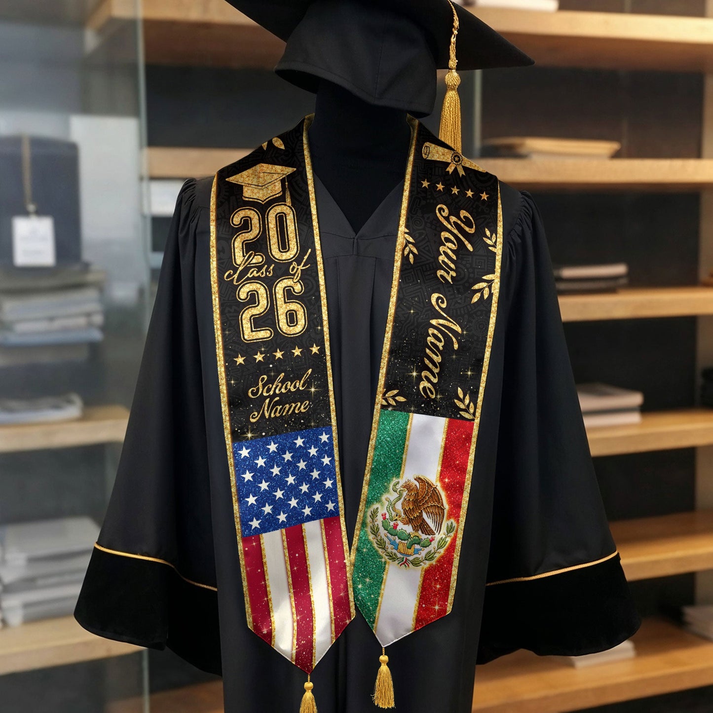Personalized Mexico USA Golden Tassels Edition Class of 2026 Graduation Stole
