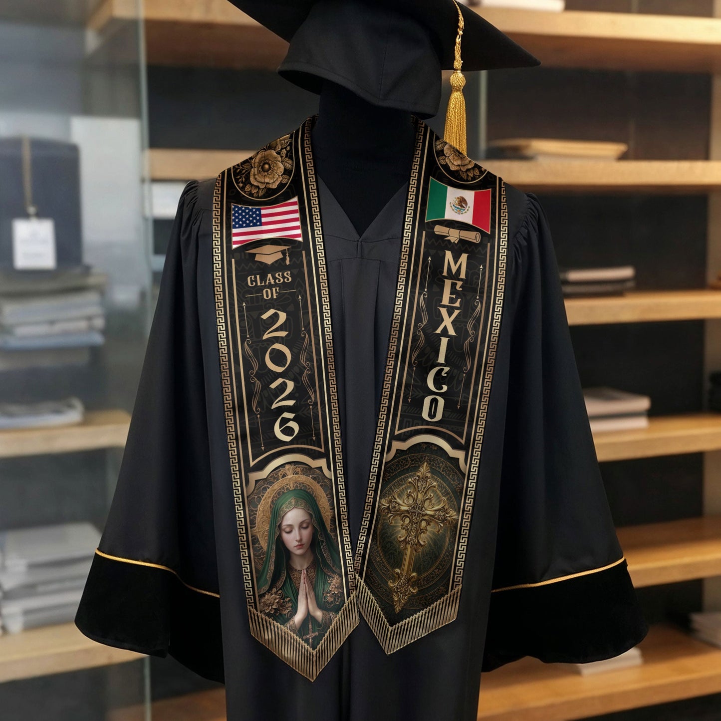 Mexico Graduation Stole Class of 2026 Virgin Mary Cross Gold Black Mexican USA Flag Sash